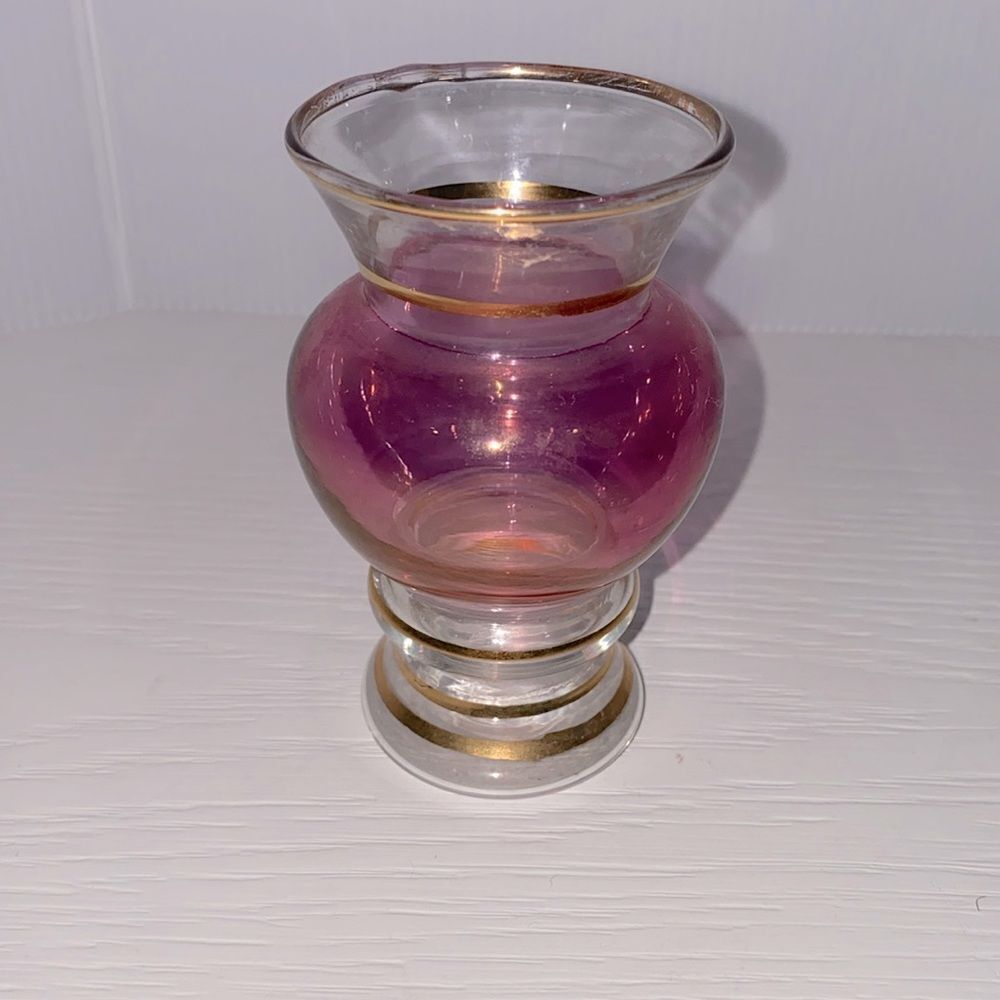 Vintage Cranberry & Clear Glass Mini Vase With Gold Trim